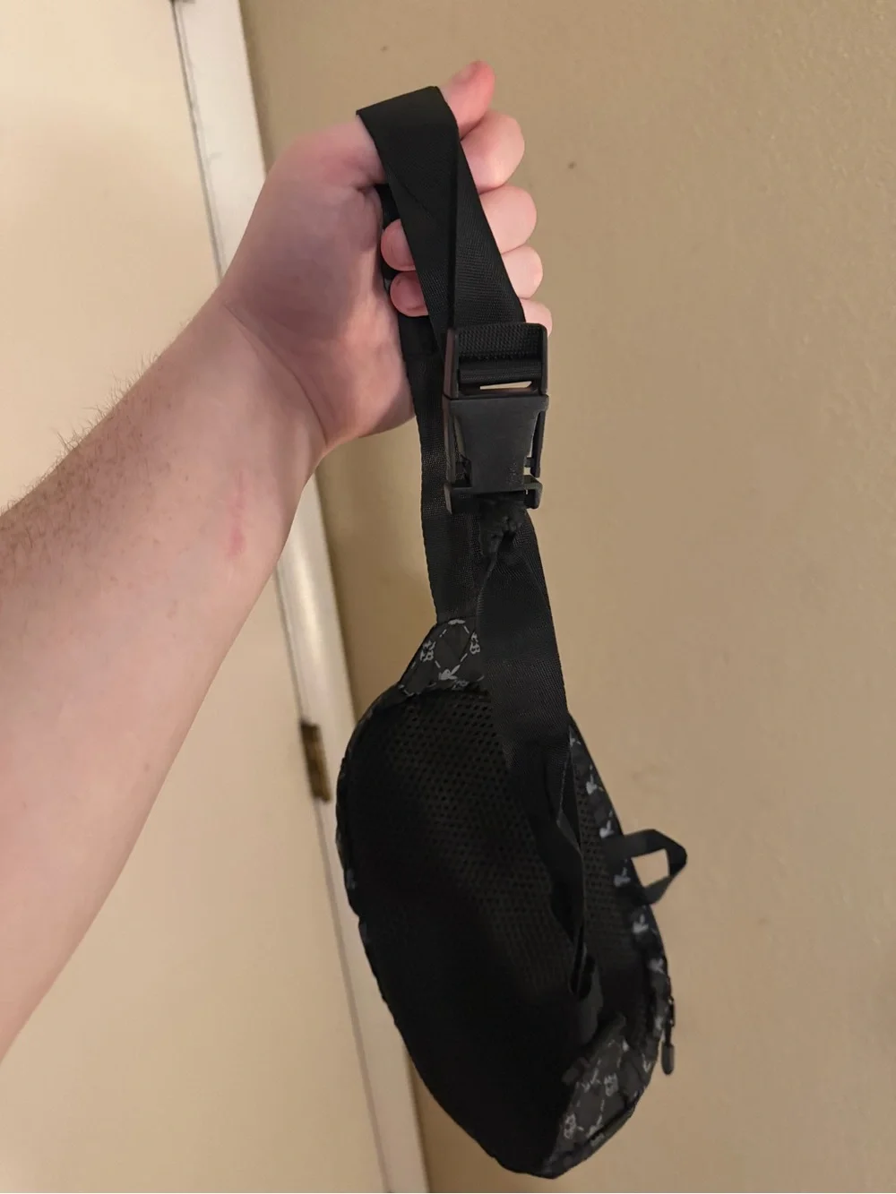 Black Playboy-Patterned Waist Bag — Hands-Free Travel Pouch
